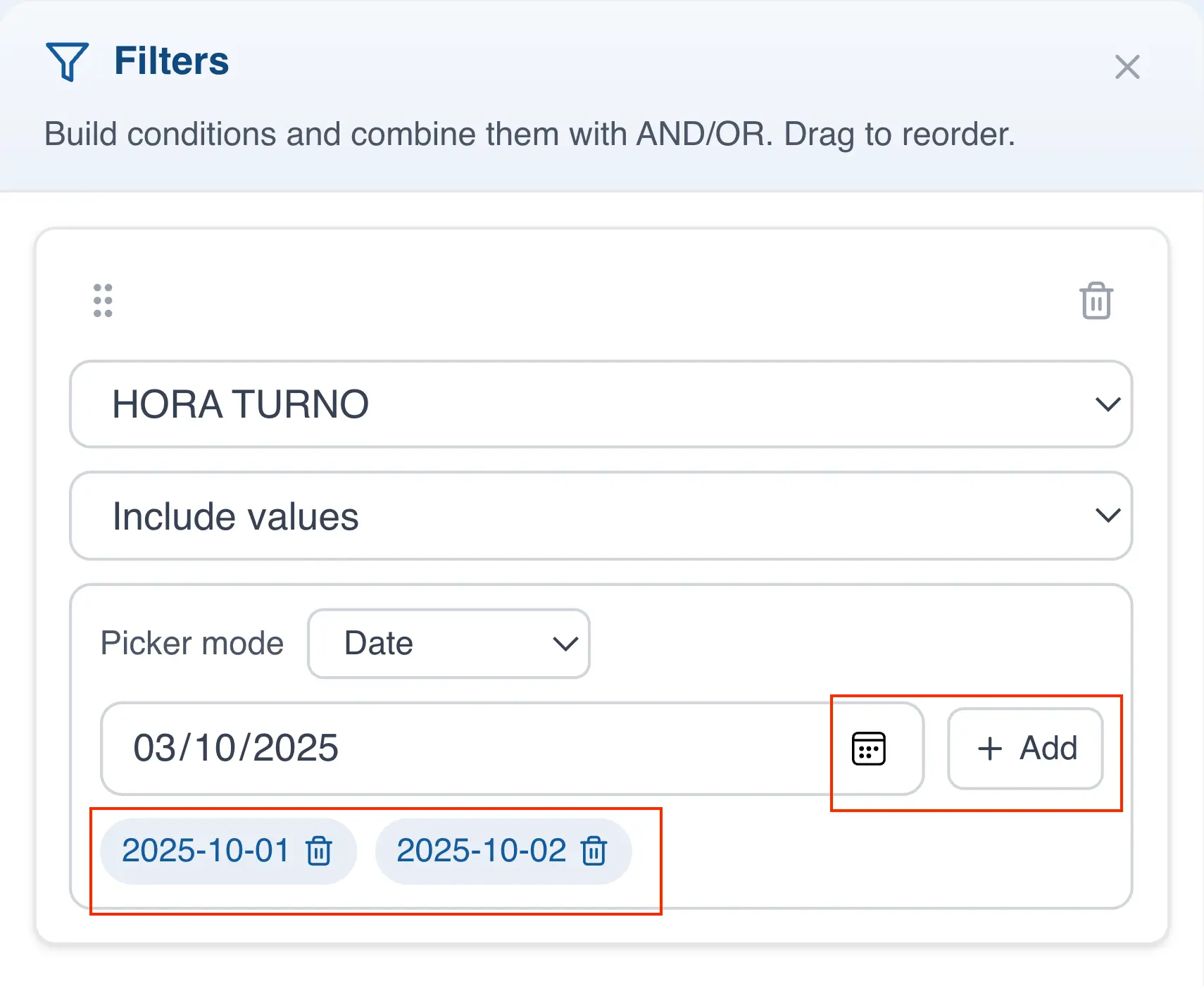 Include values filter condition