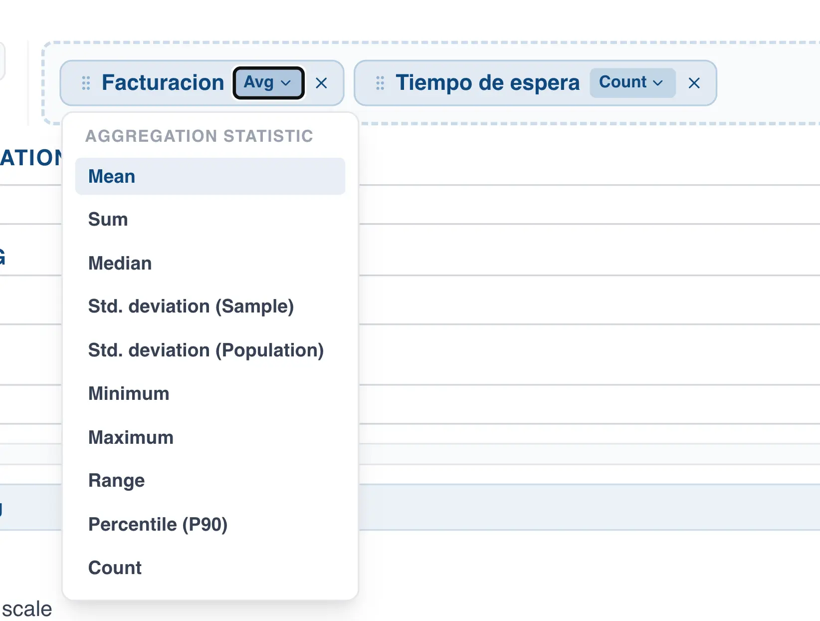 Summary statistics dropdown